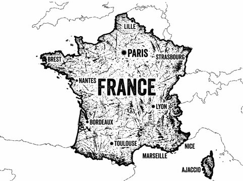 Map of france with major cities, grunge texture vector illustration