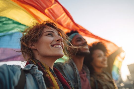 young people celebrating together outdoors sunlight rainbow flag subtle, candid joy