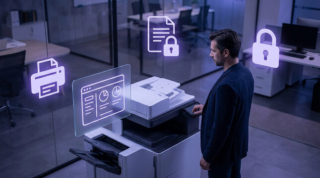 Ensuring enterprise data integrity and confidential information protection with cutting-edge office equipment and advanced document security features in a modern workplace