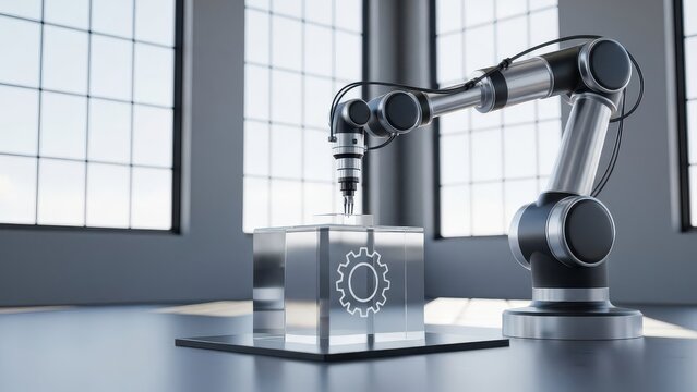 robotic arm precisely manipulates transparent cube with gear.