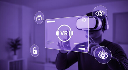 Fototapeta premium Person engaging with an immersive virtual reality headset, interacting with a futuristic holographic display for advanced digital exploration and innovation