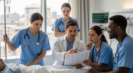 Fototapeta premium A group of healthcare professionals discussing patient records in a hospital room.