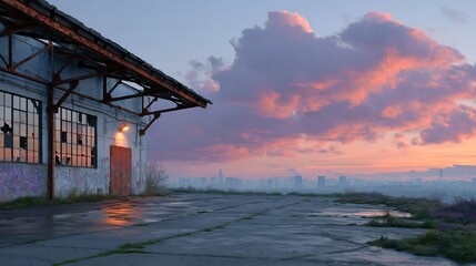 Obraz premium Abandoned building stands silent at dusk's edge.