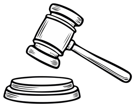 Cartoon drawing of a wooden gavel and sound block, justice and law concept