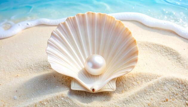 Open seashell with pearl on soft sand near ocean
