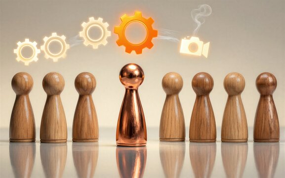 Leadership drives teamwork symbolized by gears and wooden figures.