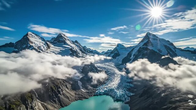 Mountain landscape timelapse with changing light over peaks and glacier in Full HD format