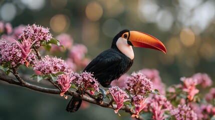 Naklejka premium Toucan perches gracefully on blossoming branch.