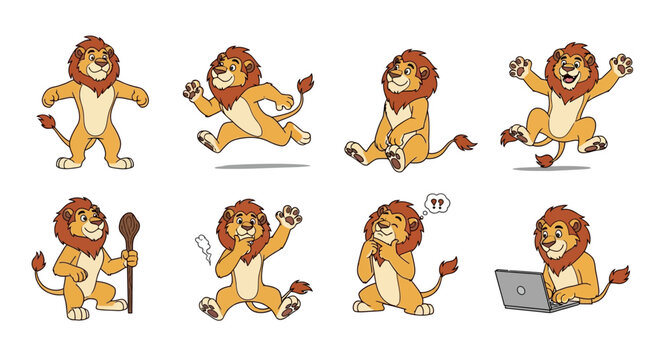 Collection of Cartoon Lions in Various Poses and Activities.