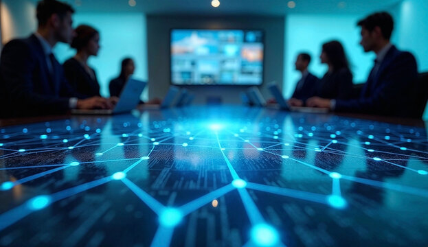 A modern conference table displaying a glowing intricate blue digital data network. Professionals work on laptops in the background.