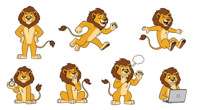 Collection of Cartoon Lions in Various Poses and Activities.
