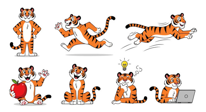 Cartoon tiger poses and actions.