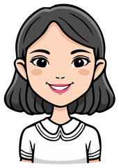 Obraz premium Friendly cartoon girl with short black hair smiling brightly wearing a white collar shirt