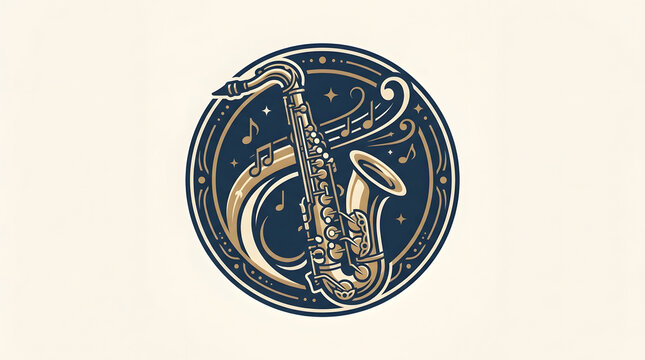 Circular logo design featuring a stylized saxophone with musical notes swirling around it, perfect for jazz music branding and events