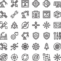 Fototapeta premium 30 In-Space Manufacturing Line Icons – Orbital Robotics, Satellite Repair, Space Servicing Minimalist Vector Outline Set for UI UX