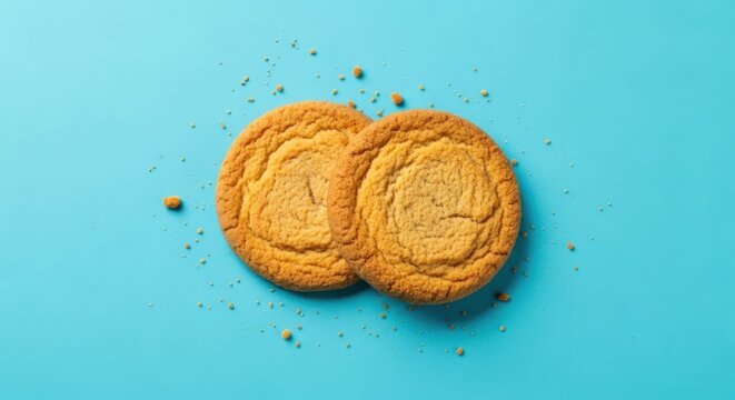 Two golden brown cookies sit on a vibrant blue surface sprinkled with crumbs