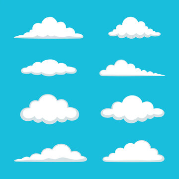 Collection pack bundle of editable cloud vector illustrations. Minimalist filled white flat design and hand-drawn outline stroke doodle set on blue. Commercial graphic resource.