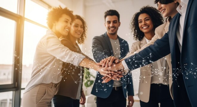A group of business professionals standing in a modern office, forming a hand stack with their hands together in the center of the image.