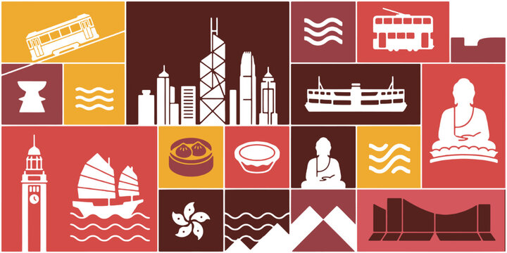Collage of Hong Kong landmarks, symbols, and cultural icons in a vibrant mosaic pattern.