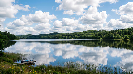 Fototapeta premium Scenic lake with green hills and blue sky isolated on transparent background