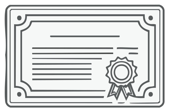 Outline drawing of a certificate with seal and ribbon representing achievement or completion