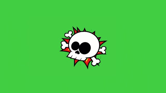 Animated comic style skull illustration with pop art design isolated on green screen background, suitable for spooky, danger, or Halloween themed motion graphics.
