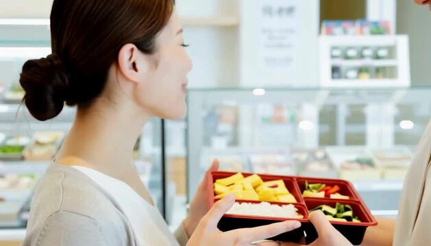 お弁当屋のショーケースの前で選ぶ女性