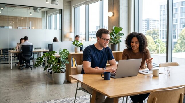 Two smiling colleagues working together on a laptop in a well-lit contemporary office space. Ideal for business, teamwork, remote work, and corporate marketing content