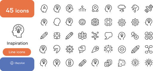 Collection of forty-five inspiration line icons, light bulbs, heads, gears, pencils, brains, speech bubbles, and creativity  of forty-five inspiration line icons, , brains, speech ,  © Aiyan