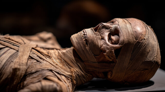 Ancient Mummy Display: An up-close view of an ancient mummy, meticulously preserved and shrouded in linen bandages, resting in dim light.