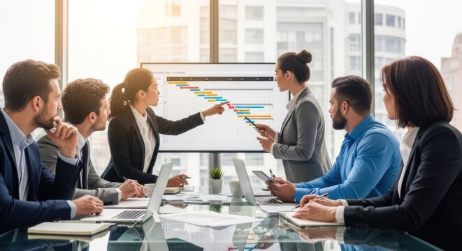 A group of business professionals gathered around a large screen in a modern office setting.