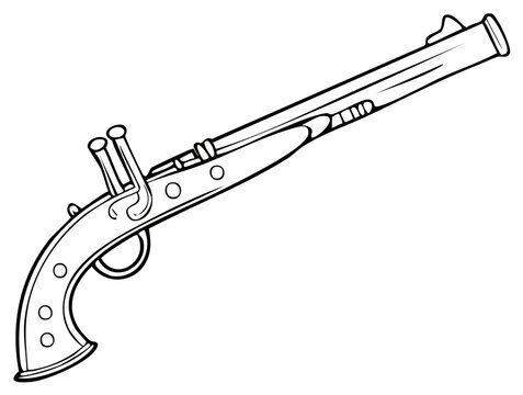 Black and White Line Art of Vintage Flintlock Pistol, Weaponry Illustration, Historical Firearm, Detailed Drawing, Antique Guns