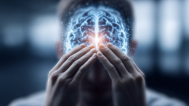 Hands holding a glowing brain illustration in front of a head symbolizing mental health, neuroscience, and cognitive care.
