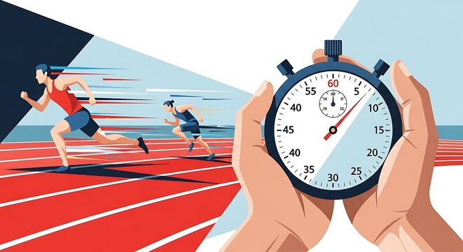 Flat illustration of a hand holding a stopwatch while athletes sprint on a red running track, representing speed, competition, and time measurement