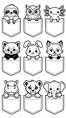 Fototapeta premium Cute pocket animals line art sticker set for coloring book