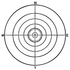 Fototapeta premium Target bullseye design in black and white with directional compass points, vector, drawing. Navigation concepts and aiming.