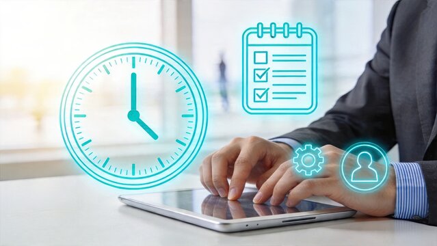 Business man using tablet device for digital planning project management and time control workflow optimization