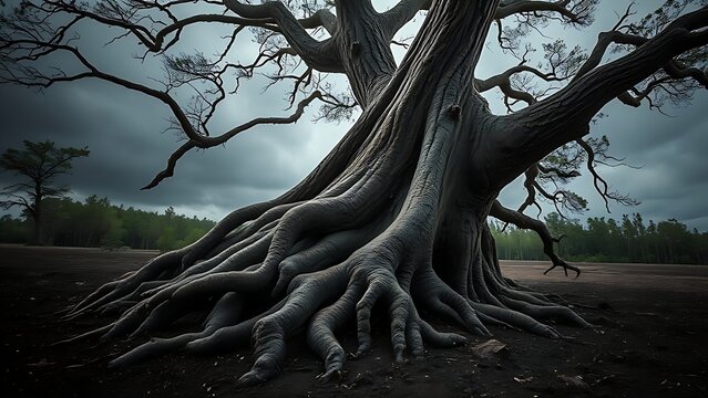 accuser. A large uprooted tree with exposed roots after a storm, dramatic natural scene. ESG reports, sustainability campaigns, designed for environmental awareness campaigns, used by professors.