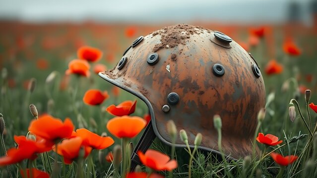 infamy. A rusted steel helmet among red poppies in a field. event programs, museum guides, cultural reports, designed for cultural heritage projects and event programs, used by retail merchandisers.