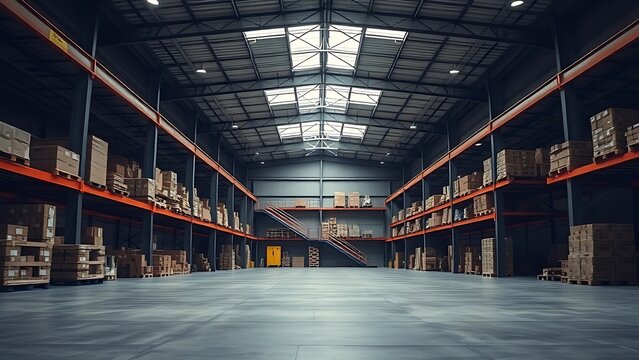 transmigration. Industrial warehouse interior with clean concrete floor and high ceiling. real-estate listings.