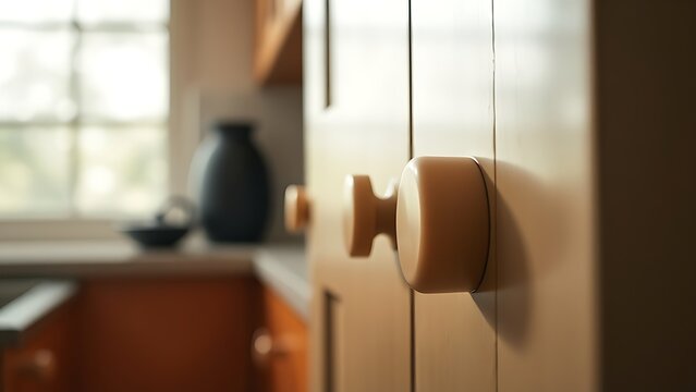 bakelite. Close-up of Art Deco style bakelite knobs on kitchen cabinet, vintage aesthetic. product launch decks, UI/UX mockups, designed for product launches and innovation pitches, clarifies data.