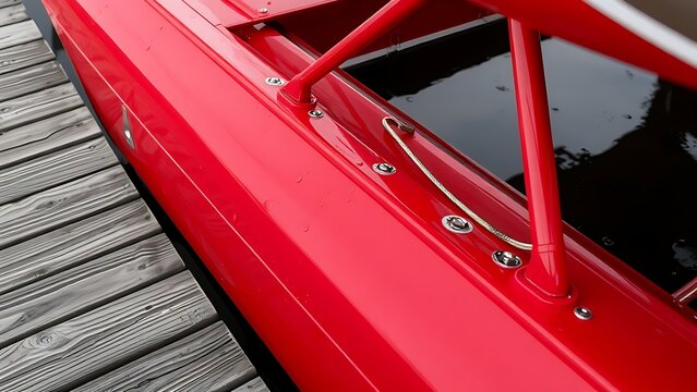 floatplane. Close-up of a red floatplane's aluminum pontoon with water droplets. mobility guides, transit brochures, designed for transport & logistics marketing, used by graphic designers.