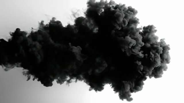 Black smoke billows across a white background in a dramatic visual display of contrast and movement in the atmosphere