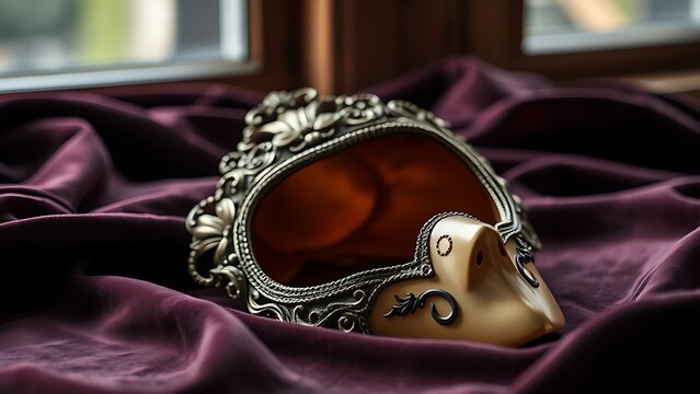 amrit. Ornate Venetian mask resting on dark velvet fabric, soft light highlighting its decorative details. event programs, museum guides, designed for cultural heritage projects and event programs.