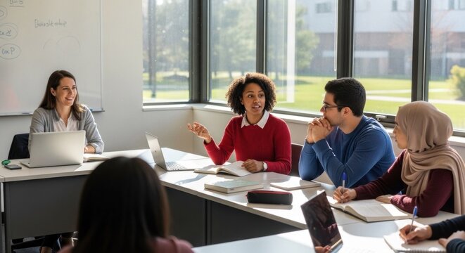 A group of students in a classroom setting, engaged in a discussion, with a whiteboard in the background and a window in the foreground.