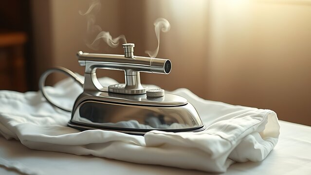bergere. A vintage iron on a folded white shirt with rising steam in warm nostalgic light. lifestyle magazines, social media lookbooks, designed for influencer and brand collaborations.