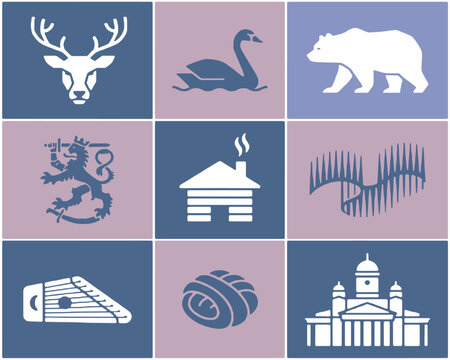 Collection of Finnish cultural symbols and icons in a grid layout, representing nature, history, and landmarks.