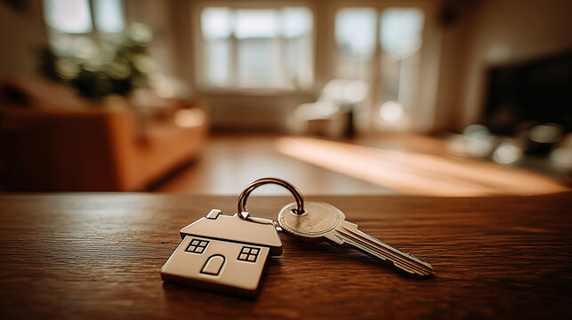 House keychain and keys on a table, symbolizing home ownership, property access, and real estate investment.
