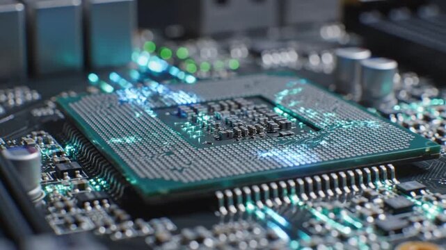 Detailed look at a computer CPU chip processor with technology background