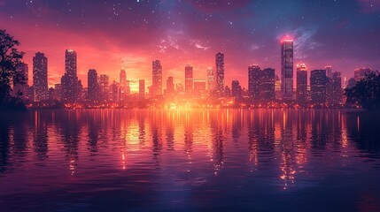 Fototapeta premium Cityscape at sunset reflected in calm water.